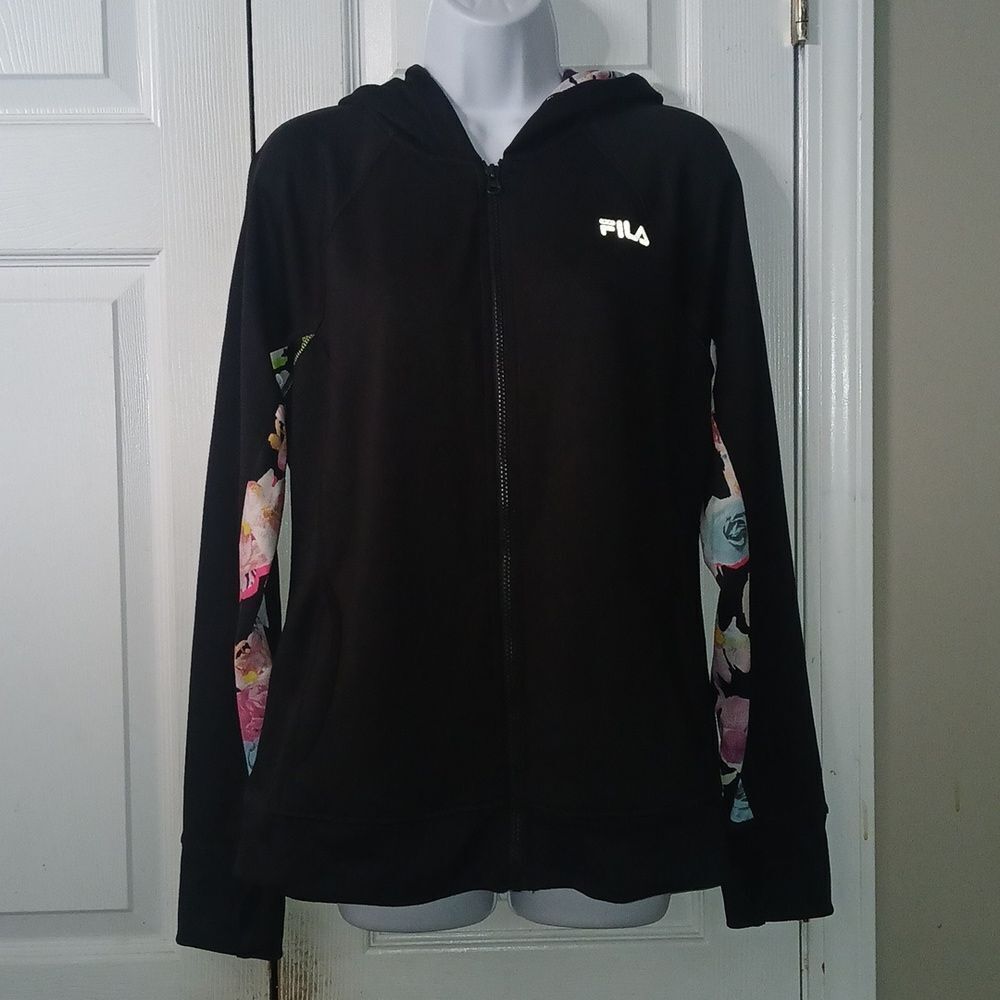 Fila black and floral print hooded workout yoga zip front jacket  Sz L NWOT